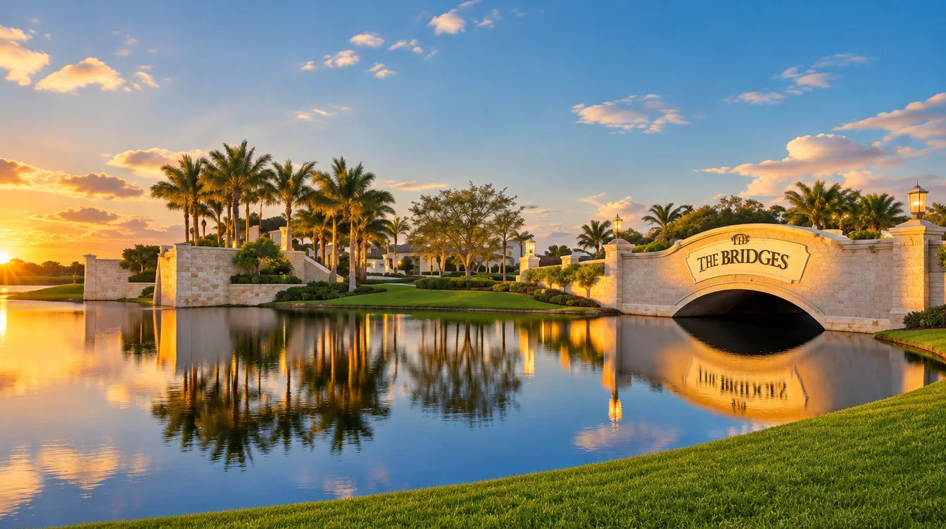 The Bridges entrance bridge over the lake at sunset